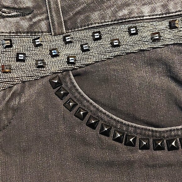 John Richmond Silver Black Studs & Chain Detail on Black Washed Denim Jeans 27 - Picture 6 of 16